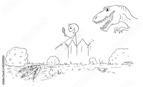 Happy Paleontologist Just Found Footprint of Living Dangerous Dinosaur , Vector Cartoon Stick Figure Illustration