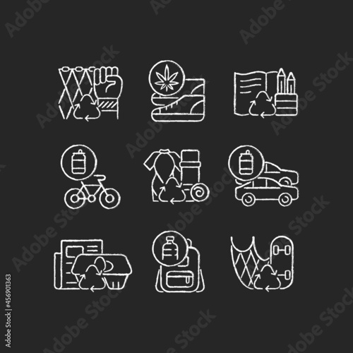 Reducing waste chalk white icons set on dark background. Upcycling products. Eco friendly shoes. Biodegradable stationery. Sustainable yoga equipment. Isolated vector chalkboard illustrations on black