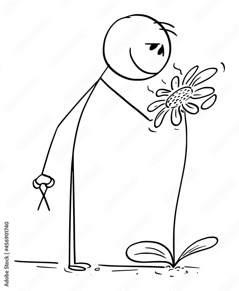 Person or Gardener Is Enjoying Smell of Blooming Flower, Vector Cartoon ...