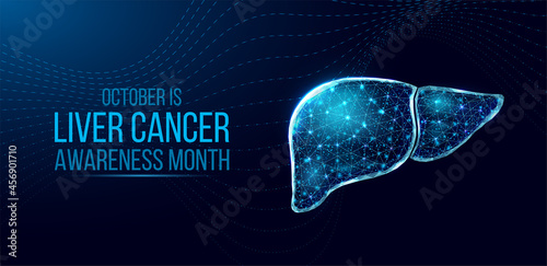 Liver cancer awareness month concept. Banner template with glowing low poly wireframe liver. Futuristic modern abstract. Isolated on dark background. Vector illustration.