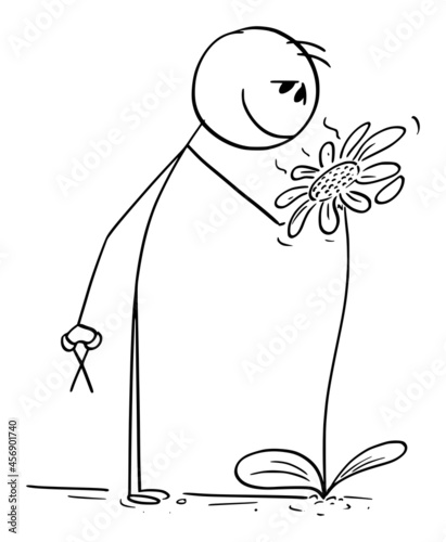 Person or Gardener Is Enjoying Smell of Blooming Flower, Vector Cartoon Stick Figure Illustration
