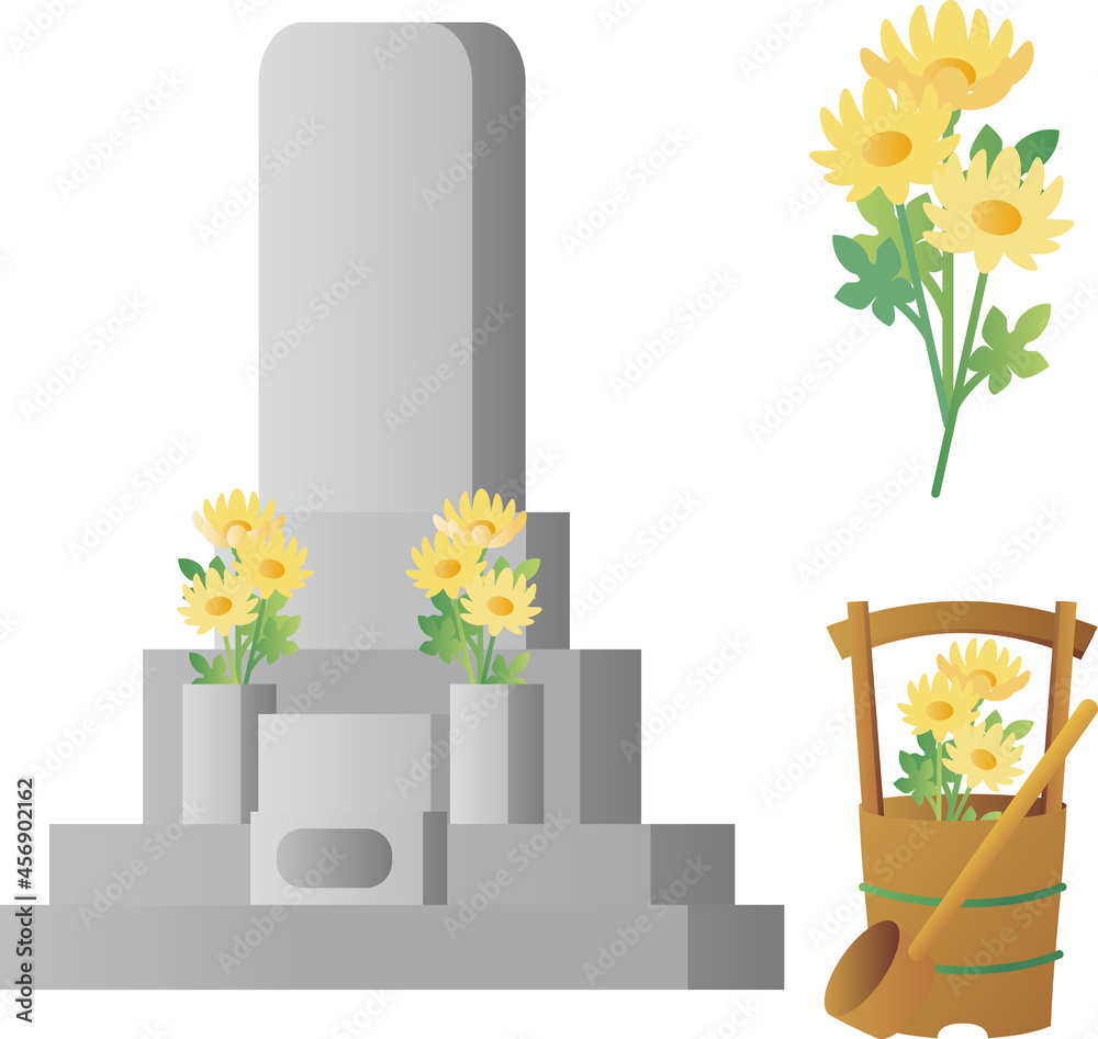 秋 お彼岸 お墓参り 供養 花 菊 手桶 柄杓 シンプル ベクター イラスト素材 Vector De Stock Adobe Stock