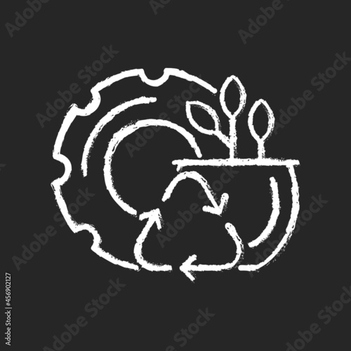 Recycled rubber planters chalk white icon on dark background. Zero waste lifestyle. Eco friendly plant pots. Eco-conscious gardener. Rubber from car. Isolated vector chalkboard illustration on black