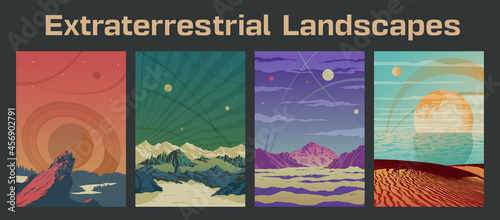 Extraterrestrial Landscapes Illustration set, Mountains, Sea, Sands and Alien Planets