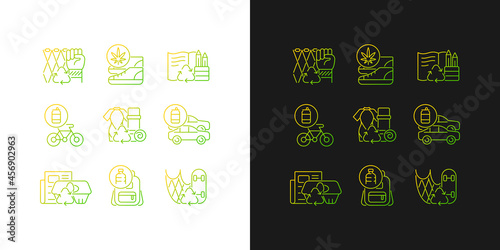 Reducing waste gradient icons set for dark and light mode. Upcycling products. Eco friendly shoes. Thin line contour symbols bundle. Isolated vector outline illustrations collection on black and white