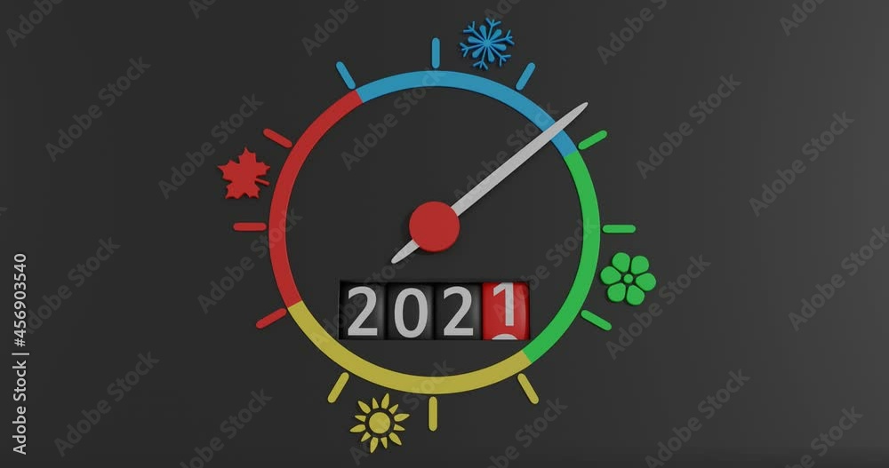 White arrow rotating around dial divided into four parts of blue, green, yellow and red with symbols of snowflake, flower, sun, leaf denoting seasons. Below, number of year 2021 changing to 2022, 3D. White arrow rotating around dial divided into four parts of blue, green, yellow and red with symbols of snowflake, flower, sun, leaf denoting seasons. Below, number of year 2021 changing to 2022, 3D.