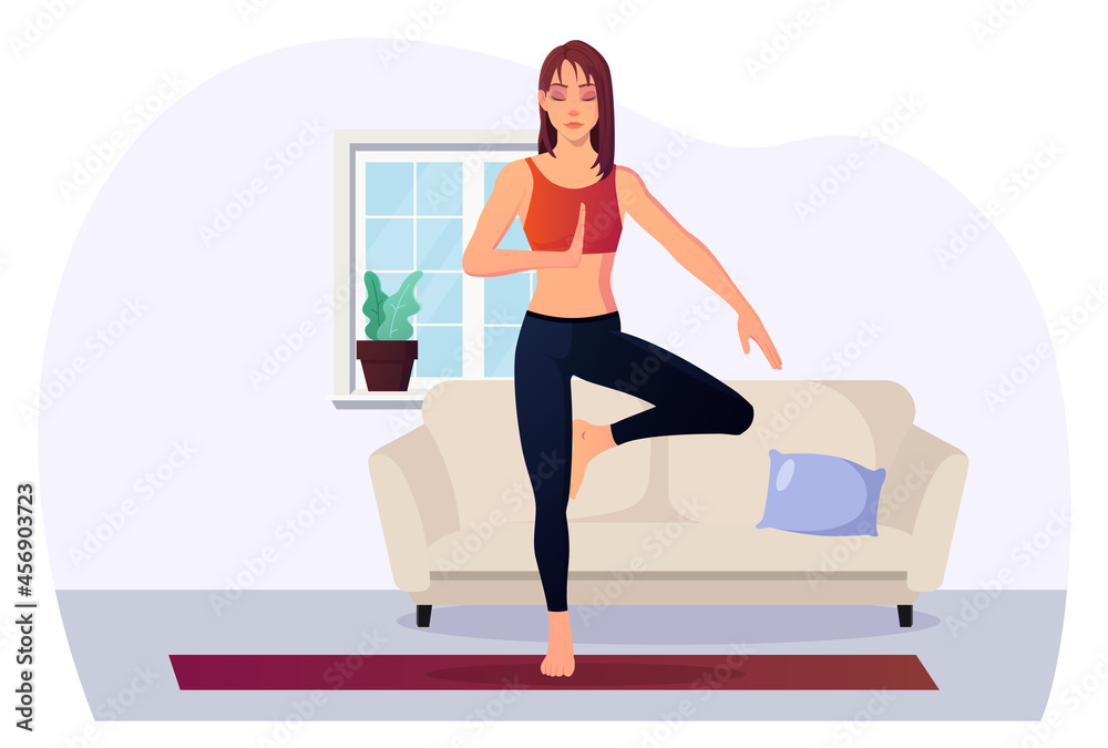 Woman In Tree Pose Practicing Yoga Indoor For Health and Relaxation