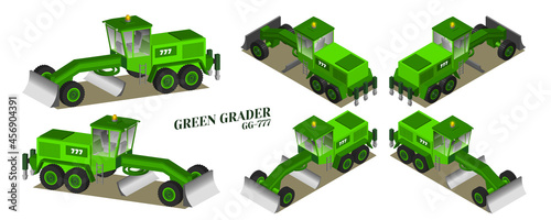3D set of road and quarry heavy equipment. Green three-axle grader with flasher and transparent windows in the cab. In six projections