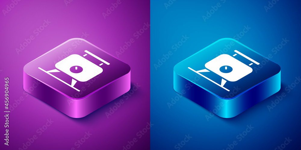 Isometric Metal tank with grape juice as alcoholic fermentation icon isolated on blue and purple background. Square button. Vector Isometric Metal tank with grape juice as alcoholic fermentation icon isolated on blue and purple background. Square button. Vector