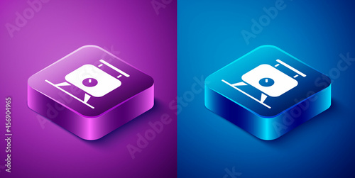 Isometric Metal tank with grape juice as alcoholic fermentation icon isolated on blue and purple background. Square button. Vector