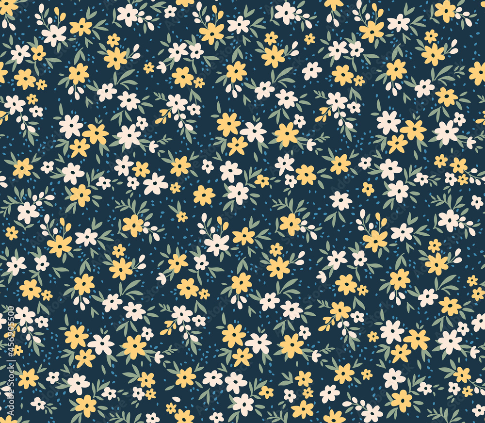 Beautiful floral pattern in small abstract flowers. Small white and yellow flowers. Dark blue background. Ditsy print. Floral seamless background. The elegant the template for fashion prints. Stock. Beautiful floral pattern in small abstract flowers. Small white and yellow flowers. Dark blue background. Ditsy print. Floral seamless background. The elegant the template for fashion prints. Stock.
