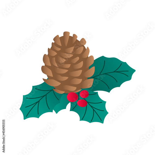 Christmas cone with holly leaves and red berries. Vector illustration