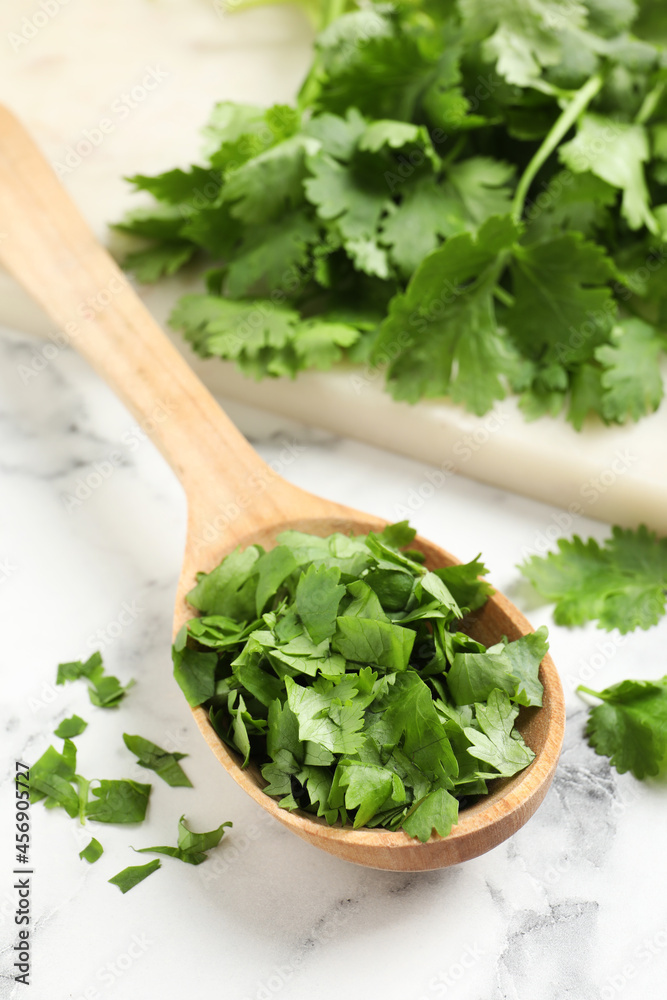 Fresh green cilantro and wooden spoon on white marble table