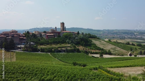 Vineyards agriculture in Barbaresco Asti aerial drone view in Langhe Roero Monferrato region. Piedmont. Unesco world heritage site in Northern Italy.