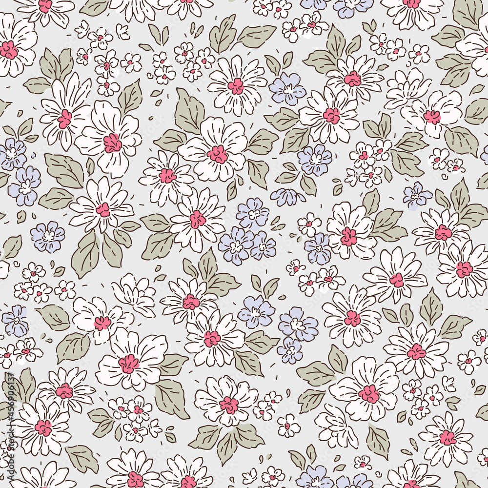 Retro floral pattern in small realistic flowers. Small white flowers. Light gray background. Liberty style print. Floral seamless background. The elegant the template for fashion prints.