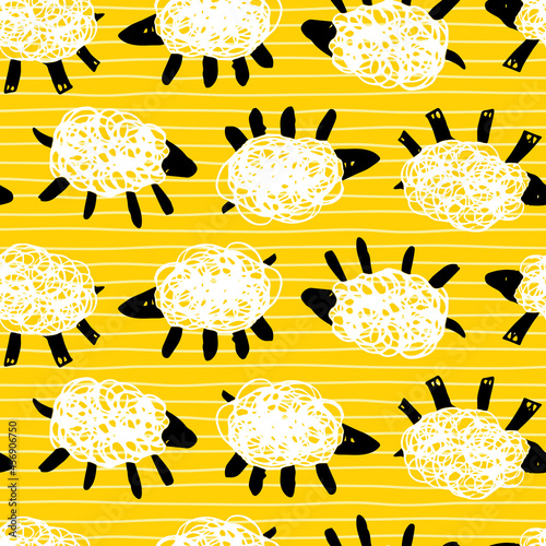 Vector yellow sheep zzz simple rows cute doodles seamless pattern with stripes. Suitable for textile, gift wrap and wallpaper.