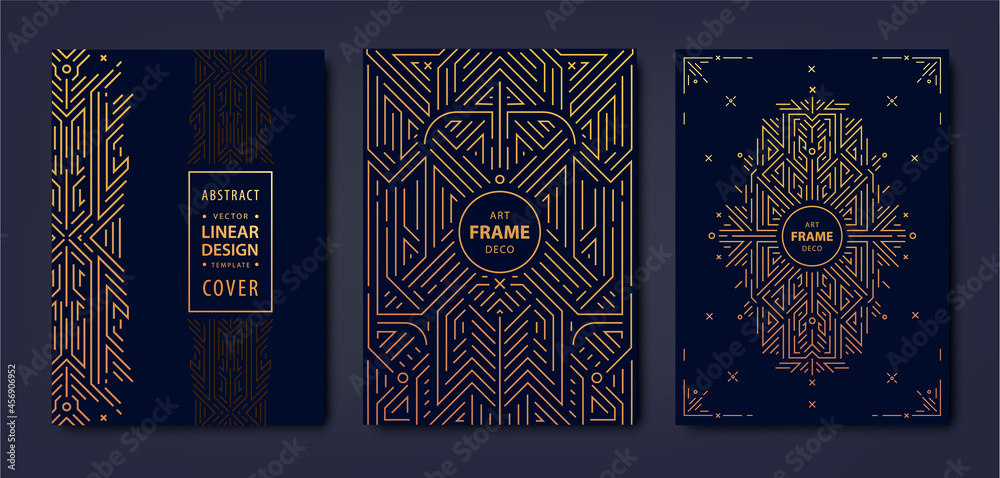 Set of vector Art deco golden covers. Creative design templates. Trendy graphic poster, gatsby brochure, design, packaging and branding. Geometric shapes, ornaments - obrazy, fototapety, plakaty 