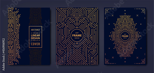 Set of vector Art deco golden covers. Creative design templates. Trendy graphic poster, gatsby brochure, design, packaging and branding. Geometric shapes, ornaments