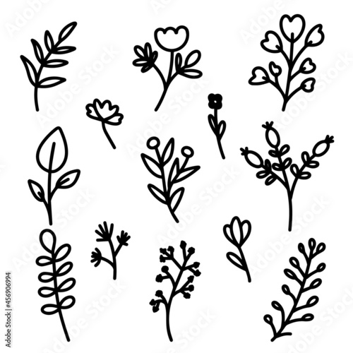 A collection of botanical elements for the design of postcards, invitations, creating logos or banners. Black and white vector flowers, berries, twigs and leaves for design. Simple, flat doodle style.