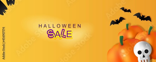 Halloween Sale banner with bat, skull and pumpkin on a orange background. Vector illustration