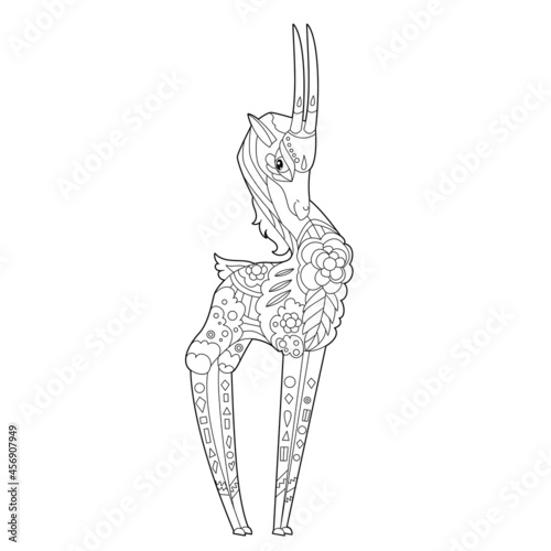 Contour linear illustration for coloring book with decorative ibex. Beautiful capricorn,  anti stress picture. Line art design for adult or kids  in zen-tangle style, tatoo and coloring page.