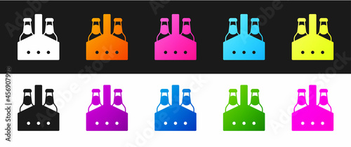 Set Pack of beer bottles icon isolated on black and white background. Case crate beer box sign. Vector
