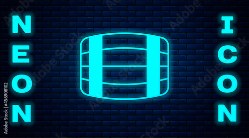 Glowing neon Wooden barrel icon isolated on brick wall background. Alcohol barrel, drink container, wooden keg for beer, whiskey, wine. Vector