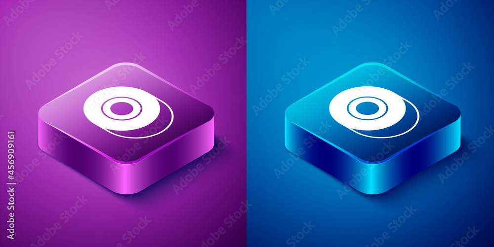 Isometric Skateboard wheel icon isolated on blue and purple background. Skate wheel. Square button. Vector Isometric Skateboard wheel icon isolated on blue and purple background. Skate wheel. Square button. Vector