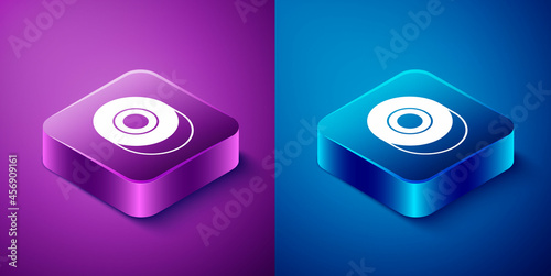 Isometric Skateboard wheel icon isolated on blue and purple background. Skate wheel. Square button. Vector