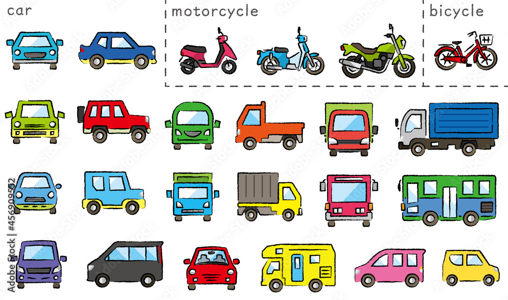 車とバイクと自転車のアイコンセット(木炭鉛筆ブラシ使用プラスカラー)分類バージョン