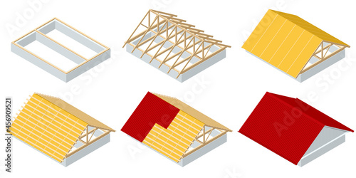 Isometric roofing construction. Concept of residential building under construction. House under construction. Roof insulation.