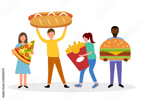 Unhealthy fast food concept vector illustration. People holding pizza, hamburger, hotdog and French fried in flat design on white background.