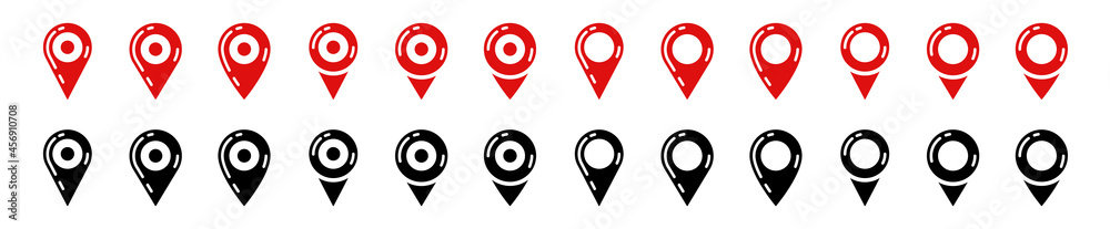 Map location icons set. GPS location. A set of black, outline and red icons. Isolated vector elements. Map location icons set. GPS location. A set of black, outline and red icons. Isolated vector elements.