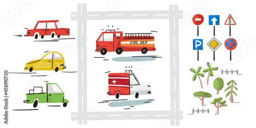 City map creator. Cartoon vector vehicle elements car, fire machine, ambulance, tree, road, sigh. Traffic flat street. Kids map design isolated on white.
