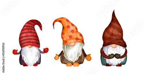 Fotografie Watercolor set of gnomes scandinavian family in hats with stripes, dots
