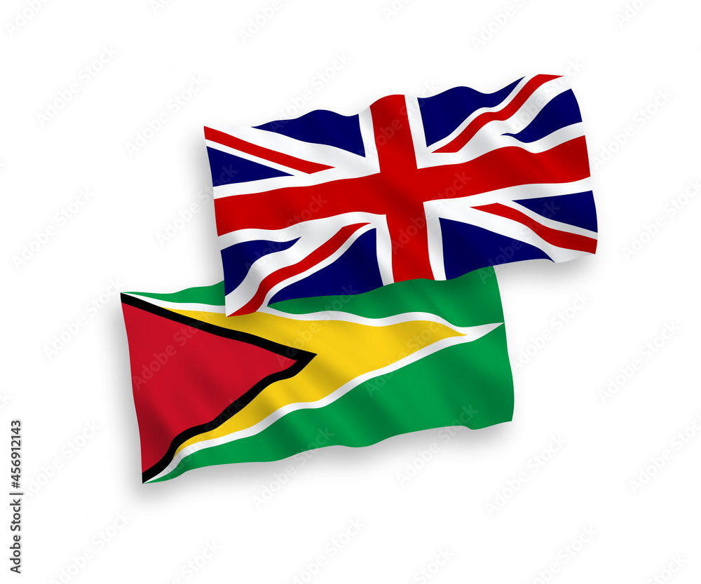 Flags of Great Britain and Co-operative Republic of Guyana on a white background Flags of Great Britain and Co-operative Republic of Guyana on a white background
