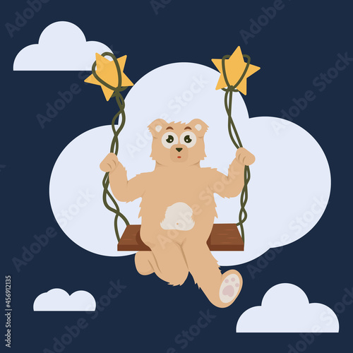 Vector illustration of a bear on a swing in the sky. Cartoon character among clouds and stars design for children's book, nursery, banner, postcard, card.