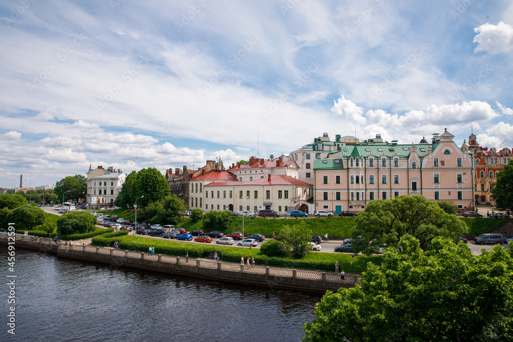 Panoramic view of the old town of Vyborg and embankment, cloudy day, top view