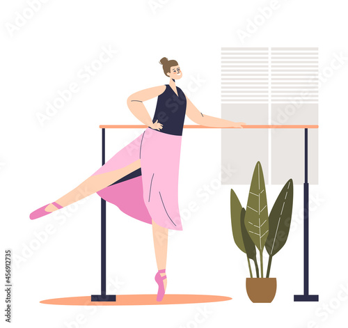 Ballerina dancing at handrail training ballet dance before performance. Woman do classic ballet