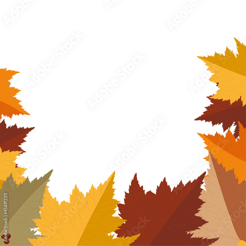 Autumn seasonal background with border made of falling autumn golden  red and orange colored leaves isolated on background. Vector illustration