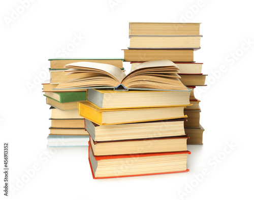 Lots of library books on white background