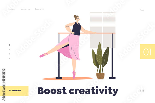 Boost creativity concept of landing page with ballerina dancing at handrail training ballet