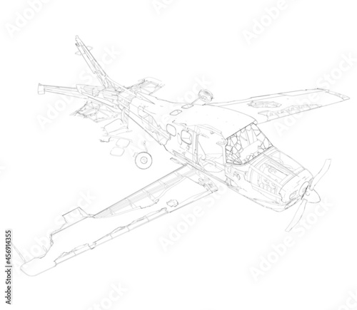 The contour of the crashed plane from black lines isolated on white background. The destroyed old plane is still alive. Vector illustration