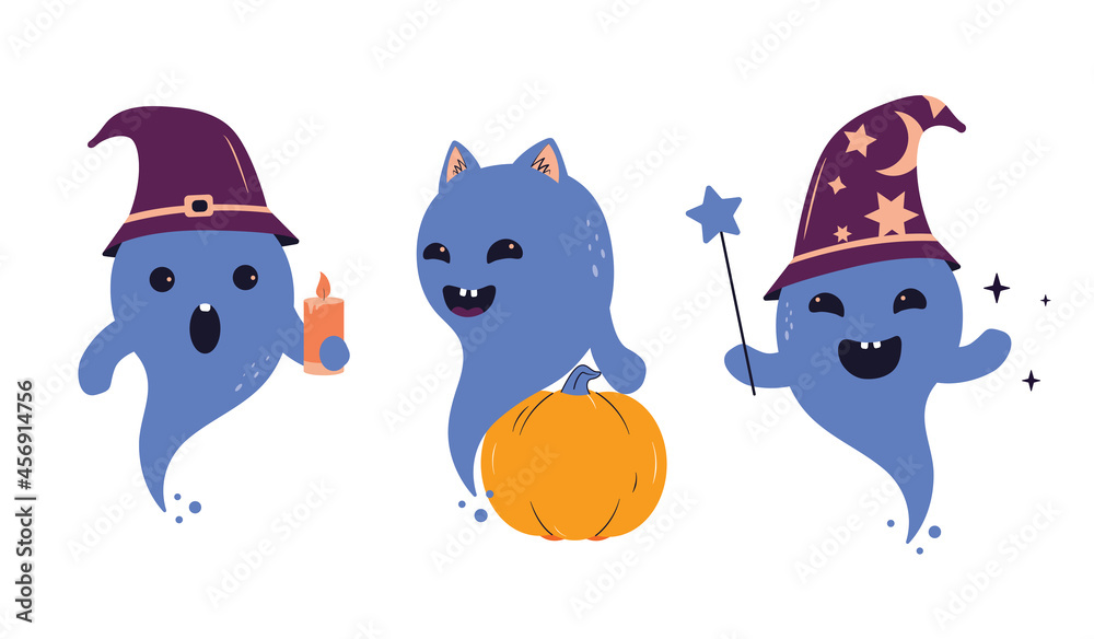 The set of cartoon ghosts. The collection magic baby characters are good for Halloween designs, magician logotypes. Vector illustration