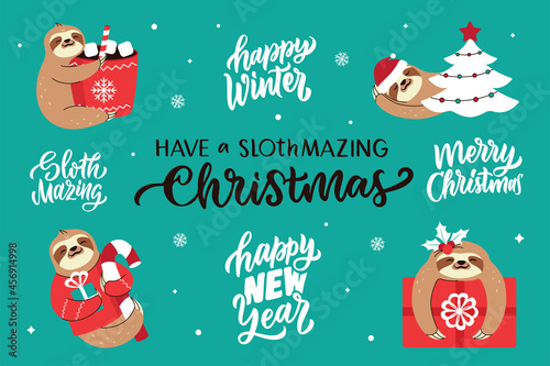 The set of happy sloth and lettering quotes about Happy New Year, Merry Christmas. The calligraphy phrases and winter animals is good for holiday designs. The vector illustration