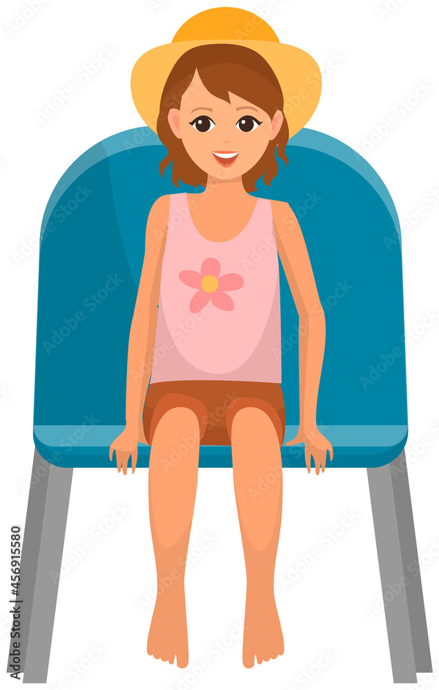 Fototapeta premium Cute girl in hat sitting on chair and watching show isolated on white background. Young female character in viewer seat looking at performance. Child in audience, spectator sitting on viewer place