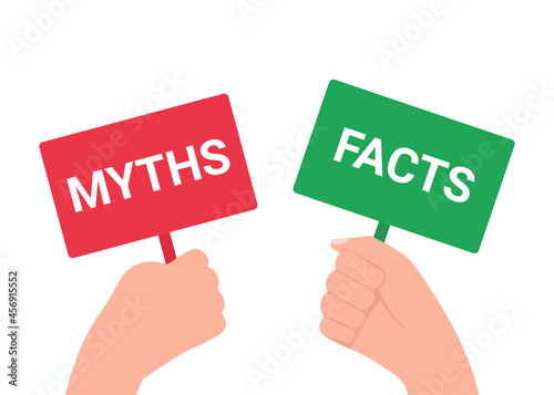 Hand holds plate sign with inscription word myth and fact. Truth or lie choice. Think and choice right. Vector illustration