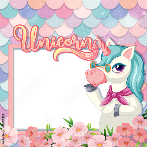 Empty banner with cute unicorn cartoon character on pastel mermaid scales