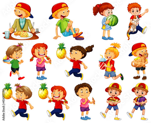Children doing different activities cartoon character set on white background