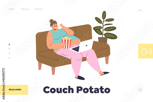 Couch potato concept of landing page with lazy woman eating popcorn watch show on laptop sit on sofa